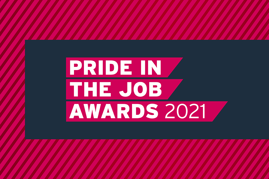 the pride in the job 2021 logo, written in bold, white letters on a magenta block